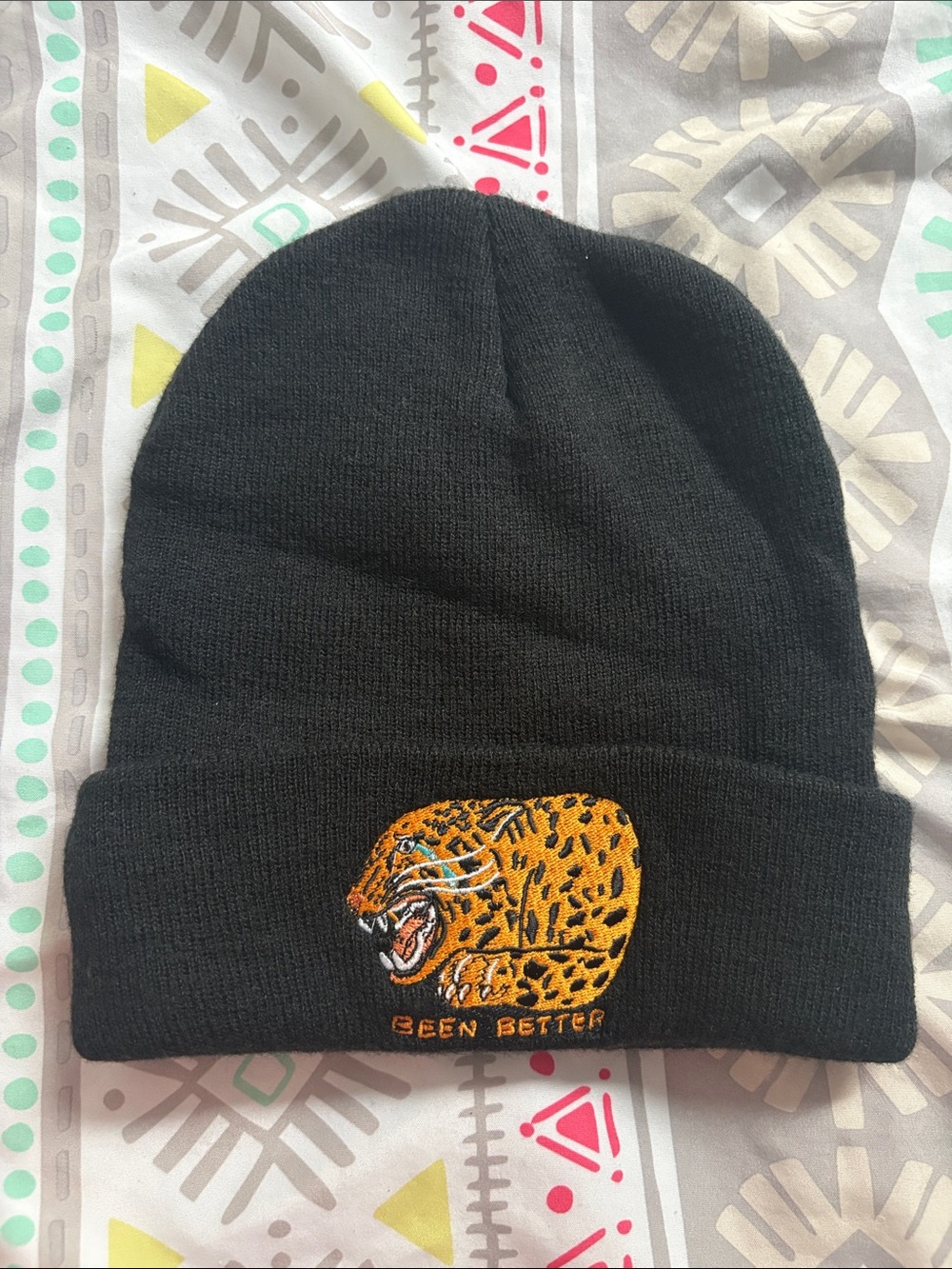 Black Knit Beanie Hat with Embroidered Tiger Accent